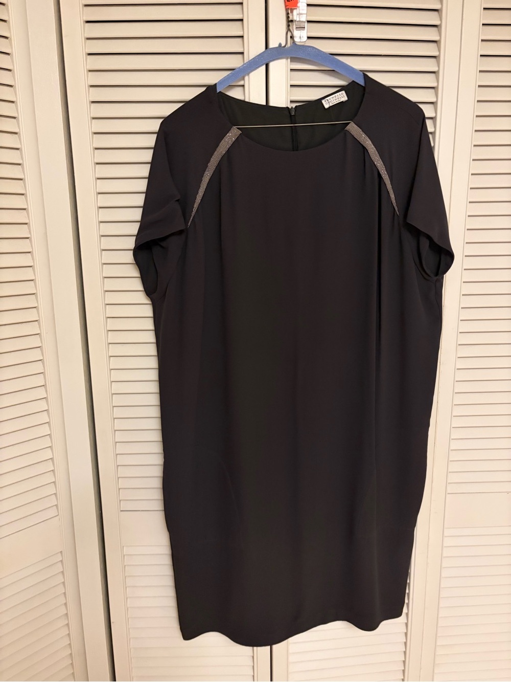 Brunello Cucinelli Grey Silk Shift Dress with Monili Beadwork Accents (pockets!)